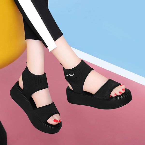 

slippers summer high-heeled sandals all-match casual roman platform shoes, Black