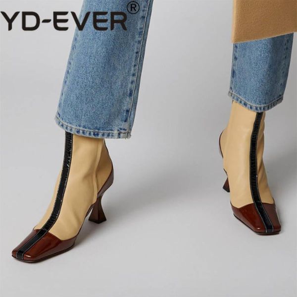 

boots square toe high heel zipper women mix color thin short british ankle leather shoes, Black