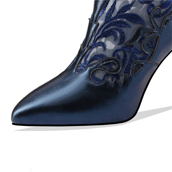 

ethnic retro-style embroidered pointed to toe in hollow mesh boots breathable summer heels thin women's shoes gp11, Black