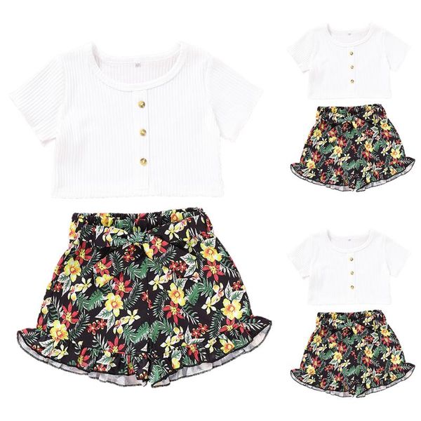 

clothing sets toddler baby girl short sleeve t-shirt floral outfit party tracksuit set, White