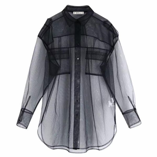 

new women pocket decoration transparent black mesh blouse long sleeve casual smock shirt leisure regular chemise blusas ls6001, White