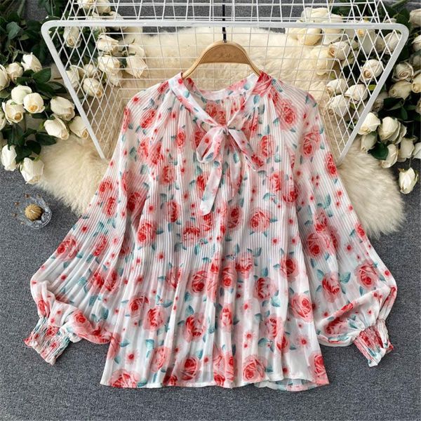 

women's blouses & shirts women retro floral chiffon chic folds female fashion blouse elegant oversize shirt woman clothing 2021, White