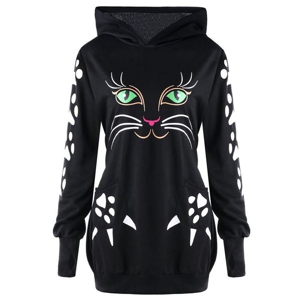 

hoodies sweatshirt womens autumn lovely cat printed long sleeve sweatshirt hooded pullover sudadera mujer n30, Black