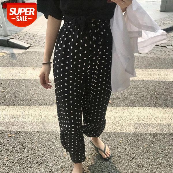

polka dot wide-leg pants female summer elastic high waist large size pendant sense straight leg chiffon nine-point casual pants #2a8c, Black;white