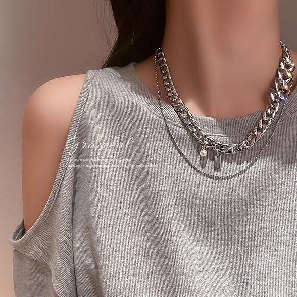 

chains south korean hip-hop personality tide pearl diamond chain necklace clavicle sautoir temperament design, Silver