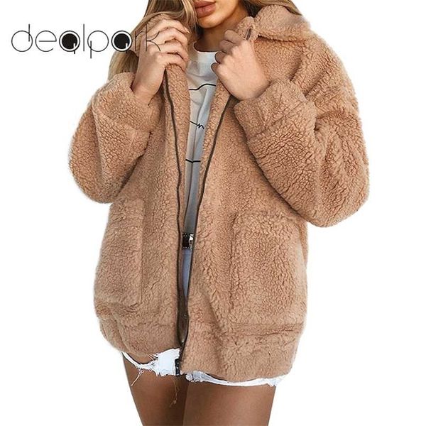 

winter teddy coat women faux fur bear jacket thick warm fake fleece fluffy s plus size 3xl overcoat 211220, Black