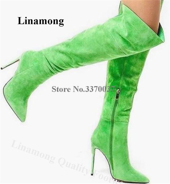 

boots linamong elegant pointed toe green over knee charming suede leather stiletto heel long bootsclub dress shoes, Black