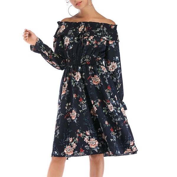 

casual dresses stretch waist flower print dress nice brand spring women slash neck chiffon elegant party ruffle blue white vestidos, Black;gray
