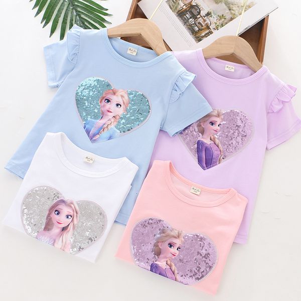 

2021 short new girls' season summer t-shirt cotton love sequin bottom shirt half sleeve, Black;white
