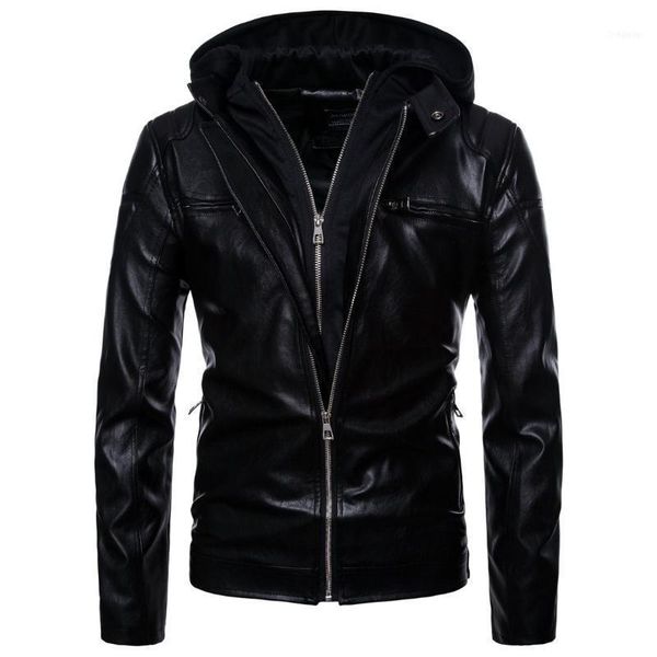

hooded leather jacket men fake two pieces zipper male jackets and coat casual mens motorcycle pu y11, Black