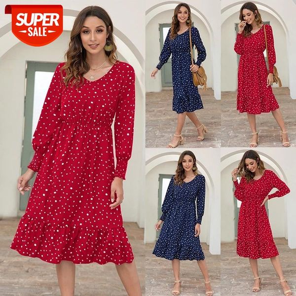 

beach wave dot print long dress women's new autumn 2020 v-neck long sleeves waist down fashion lady bohemian style plus size #td3l, White;black