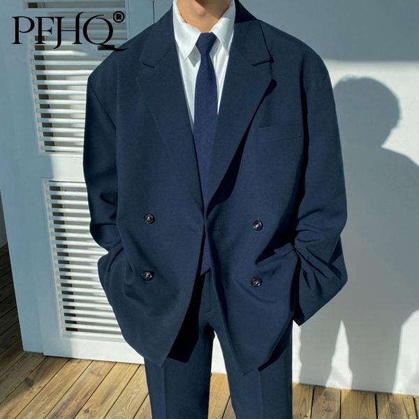 

men's suits & blazers pfhq men 2021 autumn winter double breasted suit korean style fashion casual blazer loose cool handsome black 21, White;black