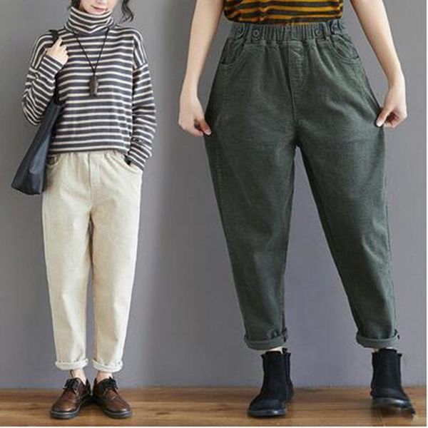 

autumn winter femme pant corduroy women harem pants cotton vintage solid casual pants harem trousers j927, Black;white