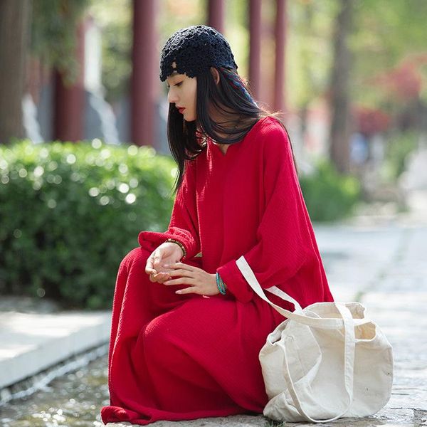 

casual dresses women loose solid color summer autumn cotton linen dress ladies robe female 2021 v neck, Black;gray