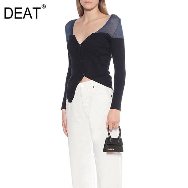 

deat 2021 v-neck full sleeves knitting asymmetrical single breasted contrast colors slim pullover shirt female wm83202l, White