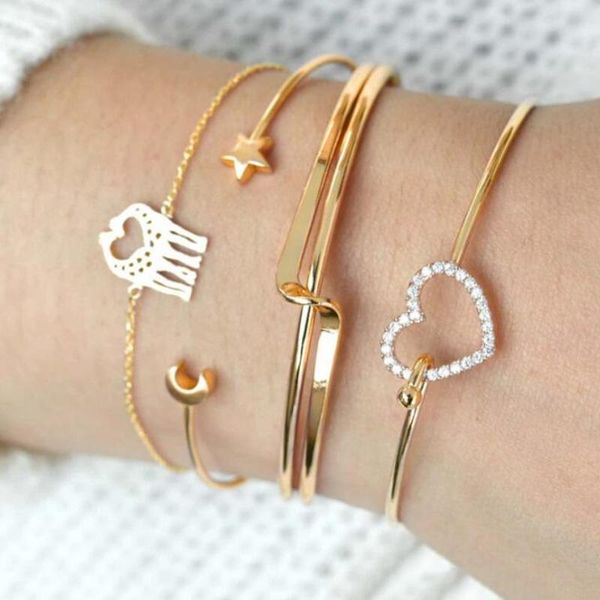 

charm bracelets 4 pcs/set women hollowed heart moon adjustable multilayer metal bangle cx17, Golden;silver