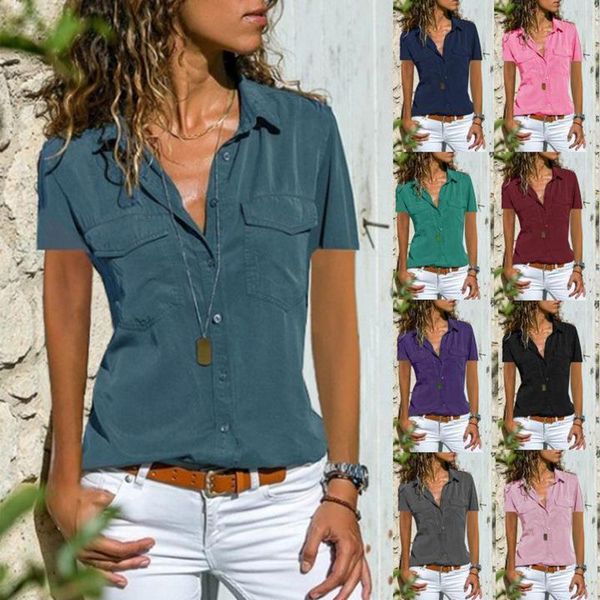 

women blouses fashion short sleeve lapel shirt blouse casual slim solid color plus size blusas polyester femininas, White