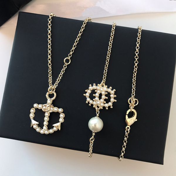

c2283 new jewelry cubic zirconia ship anchor cross pendant imitation pearl collar punk multi-layered adjustable long sweater chain, Silver