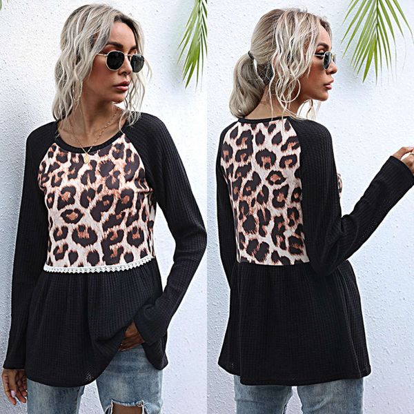 

new splicing long sve leopard round neck black slim bottomed t-shirt for women in autumn and winter 2020, White