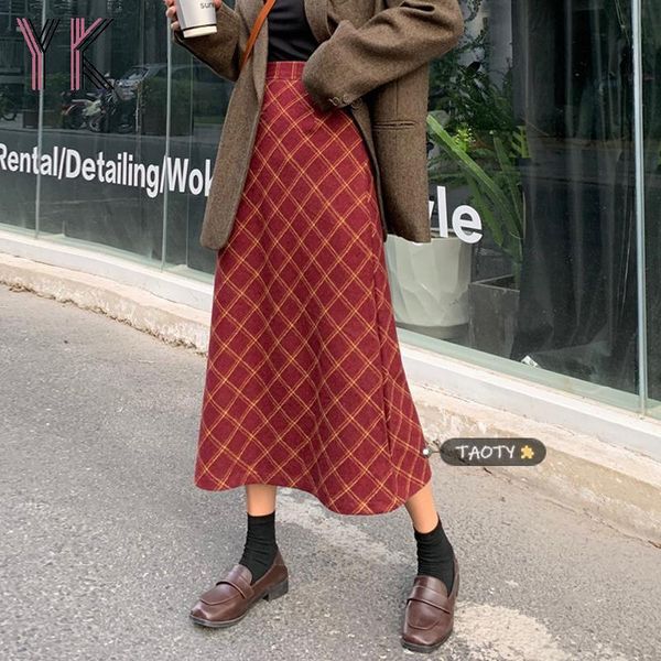 

skirts vintage plaid women autumn winter a-line long girls female warm thick high waist harajuku midi, Black