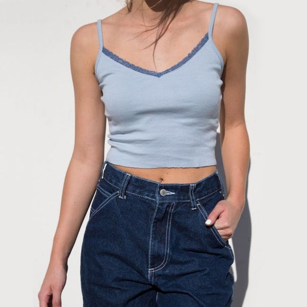 

new 2021 summer women v-neck cami with lace trim white crop s1xx