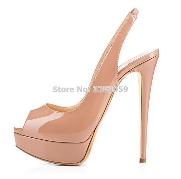 

almudena elegant nude patent leather peep toe pumps slingback elastic band dress shoes stiletto heels platform party shoes pumps, Black