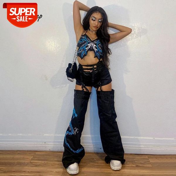 

weekeep dragon printed streetwear cargo pants women buckle high waist hollow out sweatpants joggers y2k vintage activewear pants #jh0b, Black;white