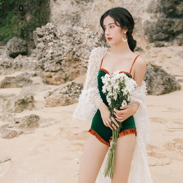 

life vest & buoy nagodo beach cover up 2021 summer ins korean velvet one piece bikini set flare sleeve mesh long swimwear women swim robe pl