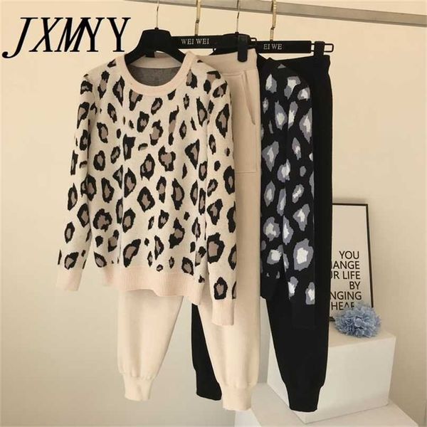 

streetwear leopard printed knit two peice suit women long sleeve o-neck sweater + solid color harem pants casual tracksuit 211022, White