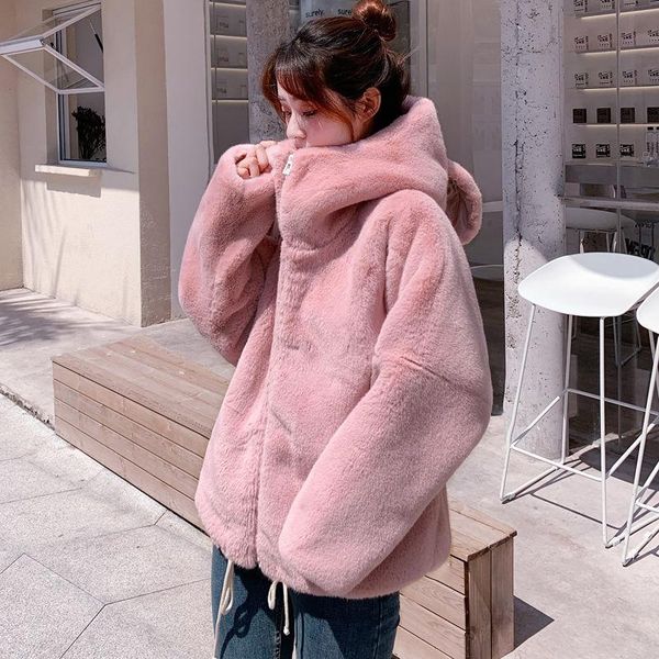

women's fur & faux women 2021 autumn winter solid color hooded coats female fake rex jackets ladies loose thick outwears q548, Black
