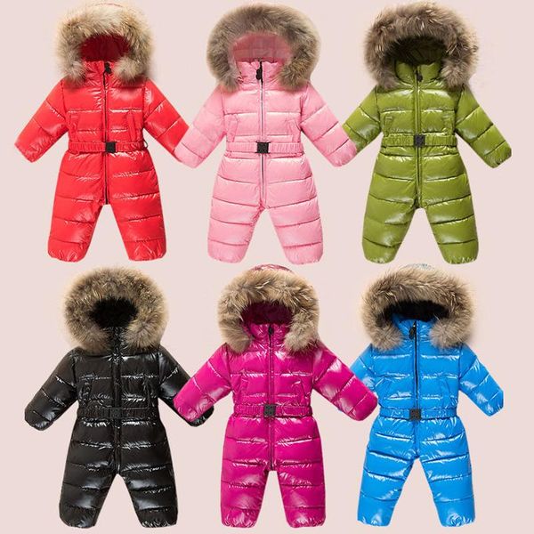 

jumpsuits 2021 children's winter overalls fur hood down borns boys rompers warm toddler girls clothes outfits, Blue