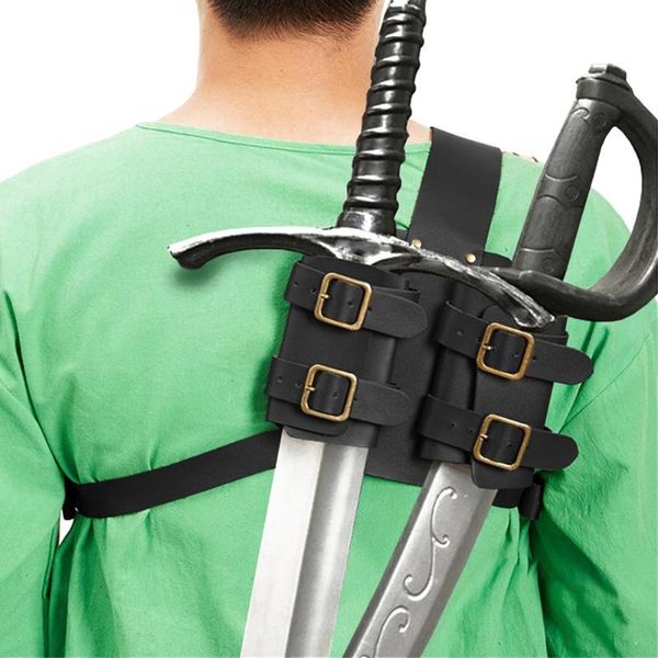 Soporte de cintura Medieval Retro Espada Rana Ajustable PU Funda de cuero Doble espalda Scabbard Renaissance Broadsword Cover