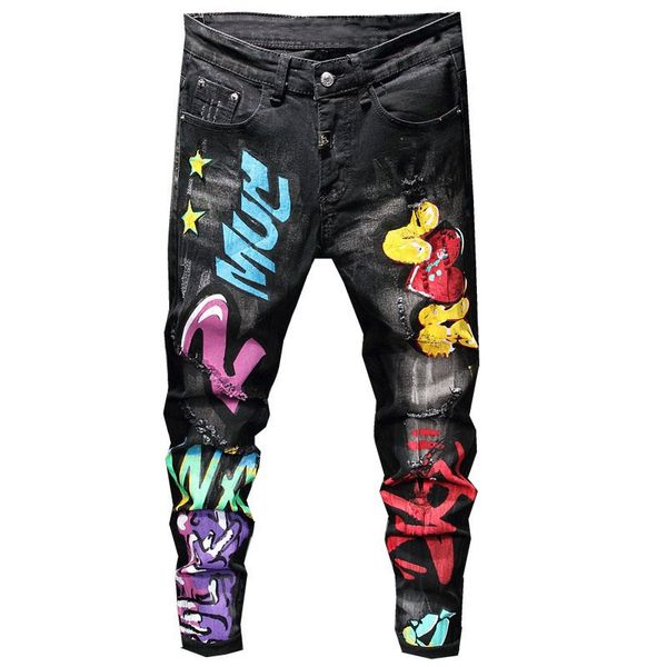 

Men's Winter New Ragged Cat Style Washed Mustaches Black Jeans Tight Print Fitting Strain Male Pants 1984 Man Cq60, Blue