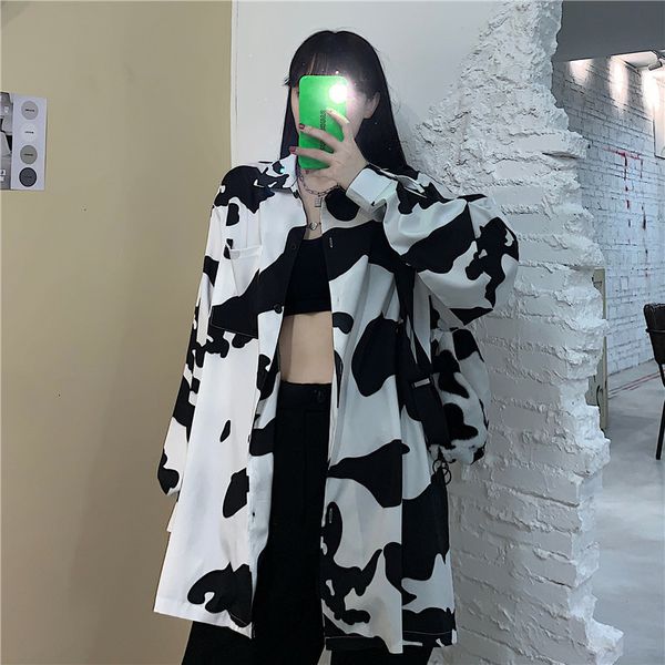

2021 vaca impresso blusas femininas estilo coreano moda outono boto acima solta manga longa camisa feminina lazer mrag, White