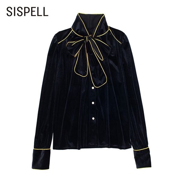 SISPELL Stampa Lato Oro Camicia Camicetta Per La Femmina Patchwork Bowkot Collare Del Basamento Manica Lunga Allentata Moda Casual da Donna 210531