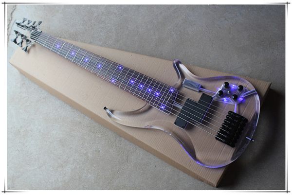 Acryl-Korpus, 7 Saiten, 24 Bünde, E-Bass mit LED-Licht, Palisander-Griffbrett, kann individuell angepasst werden
