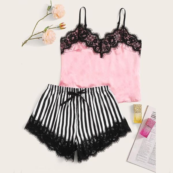 

eyelash lace satin cami with striped shorts women pajamas sleepwear set 2019 summer ladies shorts set nightwear b4, Black;red