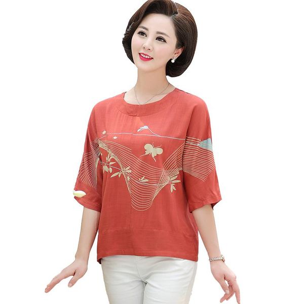 

women's t-shirt large size middle-aged elderly mothers summer short-sleeved cotton alinen 2021 female loose small shirt, White