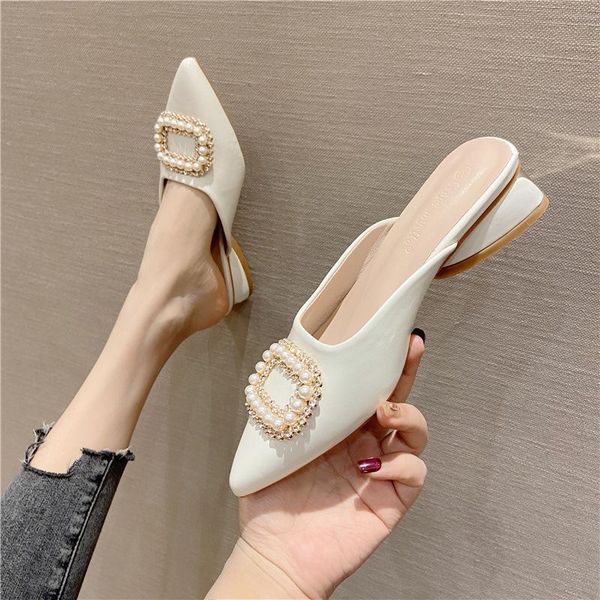 

slippers muller shoes women's 2021summer rhinestone beads lazy low-heeled baotou half sandals and slipp w, Black