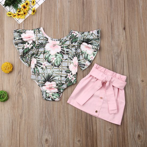 

1-4 years toddler clothes set baby girl flower printed short sleeve romper + pink mini skirt summer clothes infant outfits, White