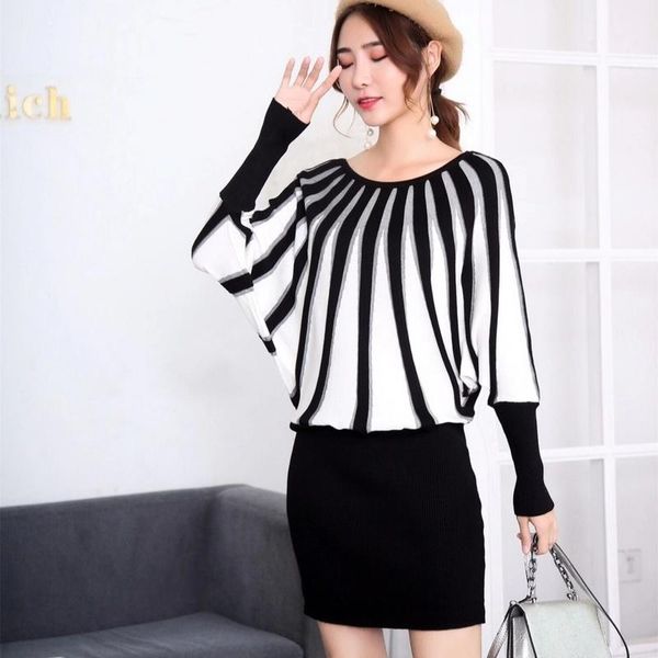 

casual dresses spring autumn style korean loose slim bodycon women dress vertical pattern bat sleeve round neck long women's sweater, Black;gray