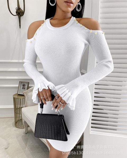 

casual dresses short dress knitted fashion women autumn office sheath solid flare sleeve o neck plus szie mujer de moda vestidos, Black;gray