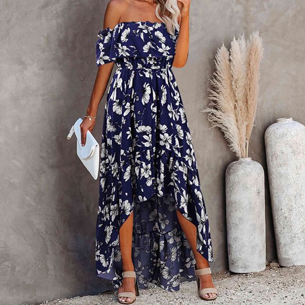 

summer ladies dress off-the-shoulder short-sleeved dress women high waist elegant dress floweral decorated clothing x0521, Black;gray