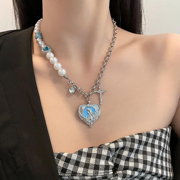 

chains simple beaded stitching necklace girl heart rhinestone pendant personality clavicle chain for women fashion jewelry accessories, Silver