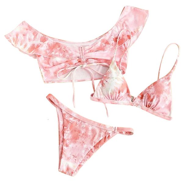 

women pcs tie-dye printed split badpak cut bone holder bikini set push-up high tail brazilian badmode # f, White;black
