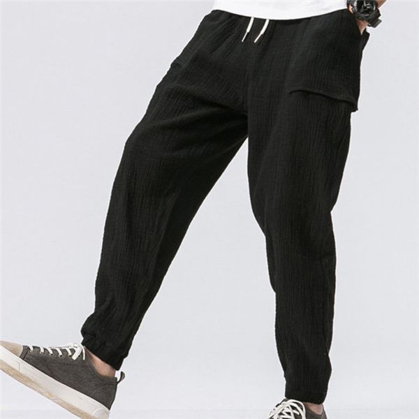 

harem new casual sweatpants trousers male fashion hip hop cotton linen pants men drawstring waist pocket loose pencil pants c0222, Black