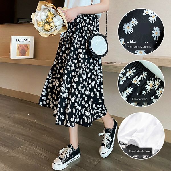 

2021 new print floral women summer long high waist chiffon flower female sun harajuku elegant lady skirt clothing fashion zgha, Black