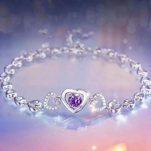 

charm bracelets silver heart bracelet simple ins design inlaid zircon jewelry crystal purple for women, Golden;silver