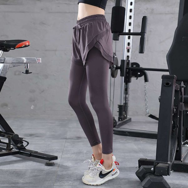 

2020 new yoga clothes fitness fake two pieces running fast dry tights sports pants women's autumn and winter, Gray
