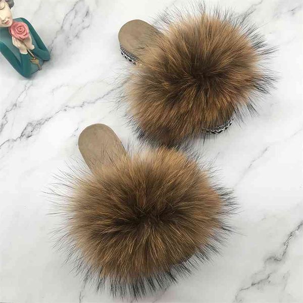 

slipper real fur slides for female flip flop platform fluffy summer sandals shoes wedges heels 210622, Black